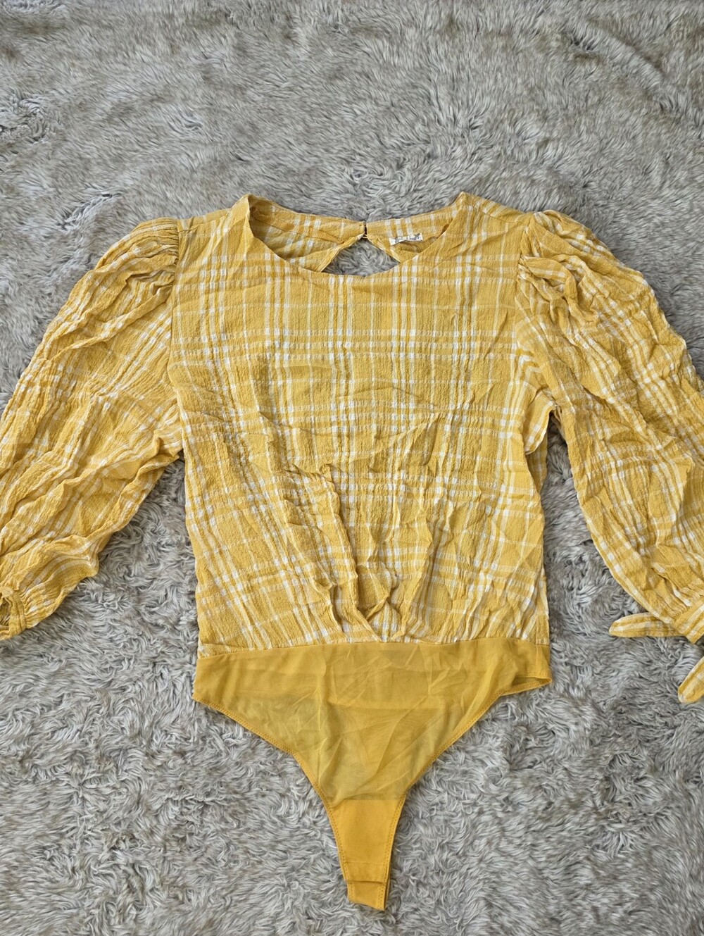 Free People Intimately Yellow Plaid Puff-Sleeve Open Back Bodysuit Women's Large